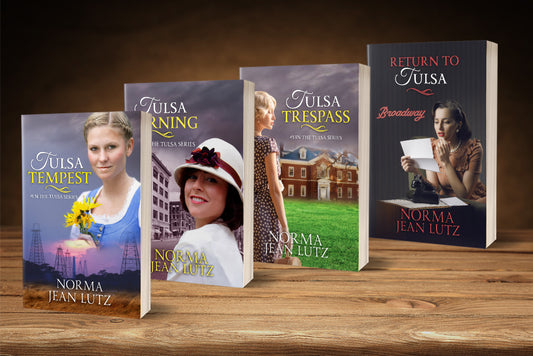 A set of four paperback books with a Tulsa Race Riot theme, including titles such as "Tulsa Tempest" and "Return to Tulsa." Christian Historical Romance 